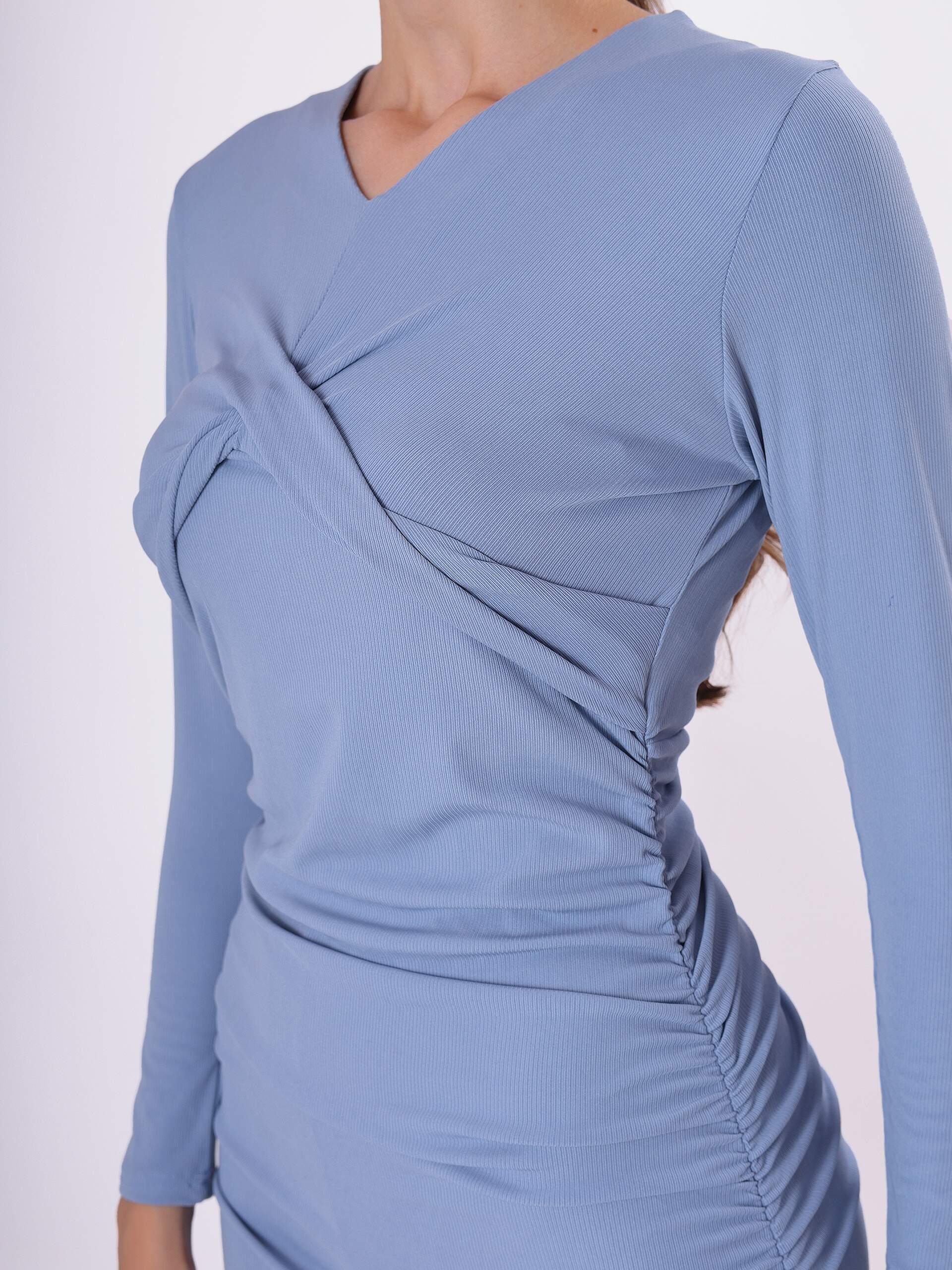 Solid V Neck & Neck Detail Midi Dress with Full Sleeve