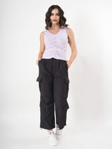 Solid V Neck Sleeveless Pleated Semi Crop Top