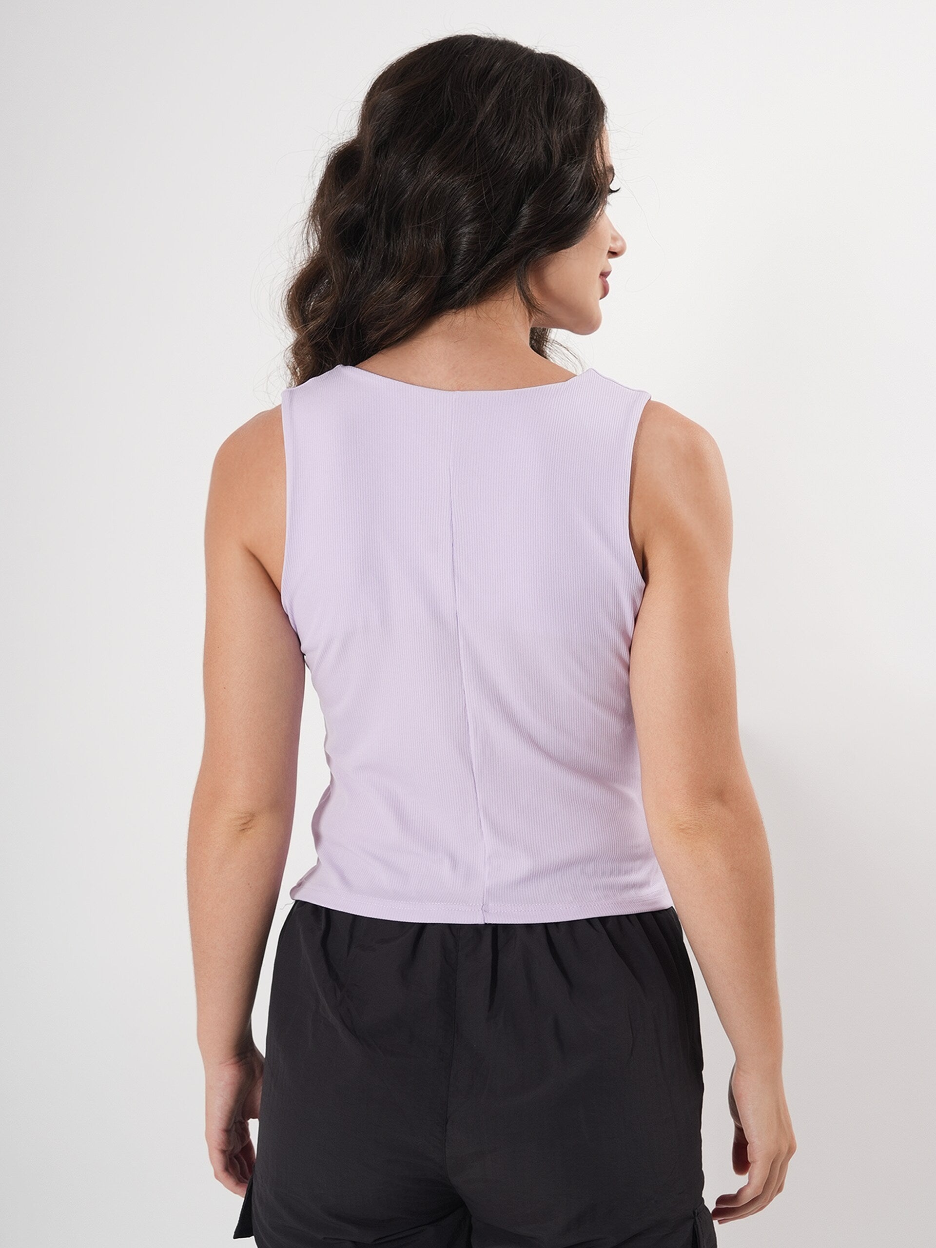 Solid V Neck Sleeveless Pleated Semi Crop Top