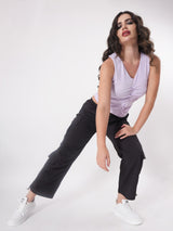 Solid V Neck Sleeveless Pleated Semi Crop Top