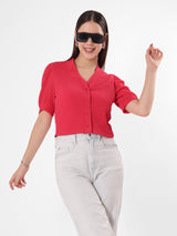 Solid V Neck Textured Crop Top