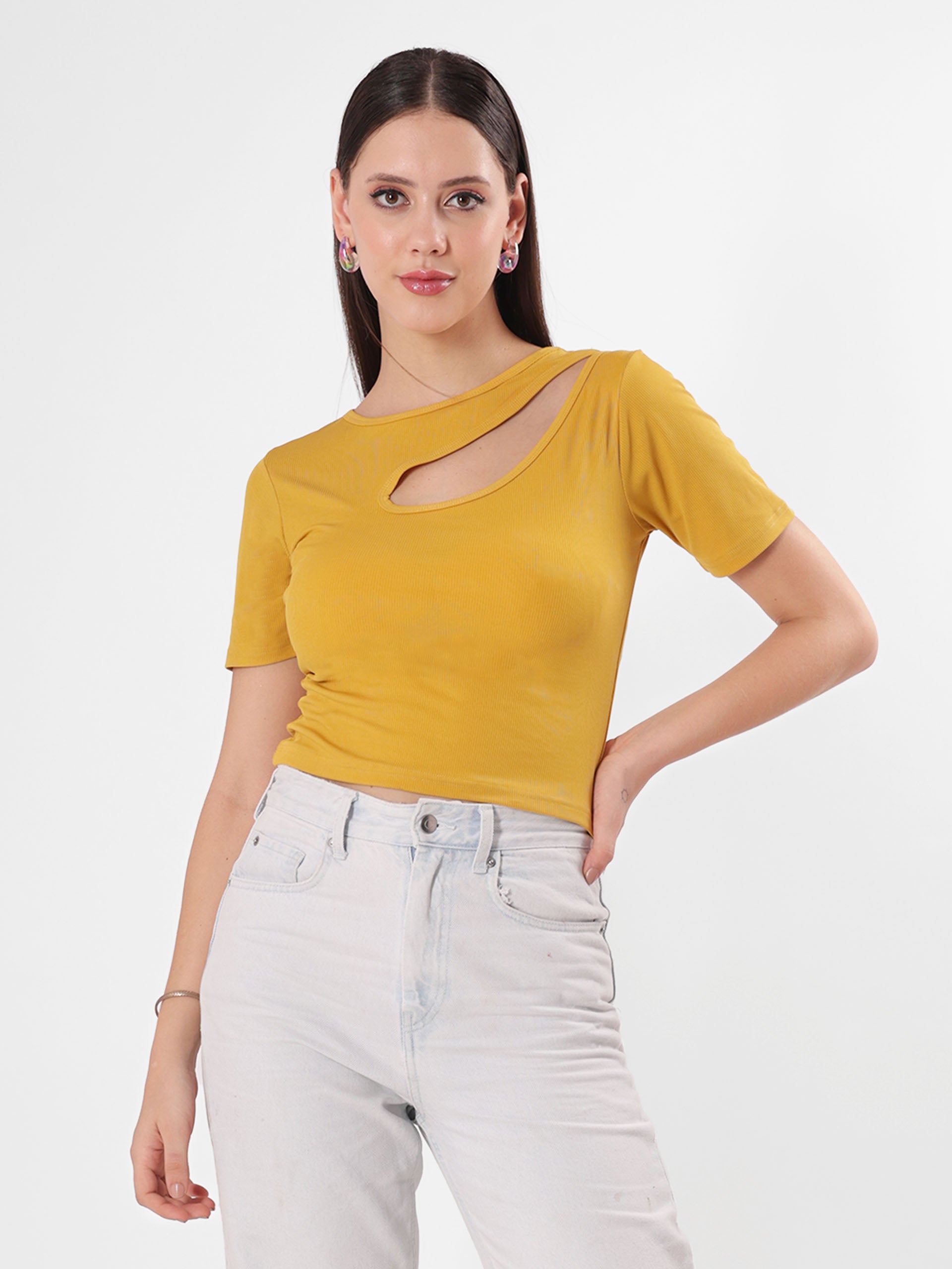 Solid Yellow keyhole Neck Crop Top