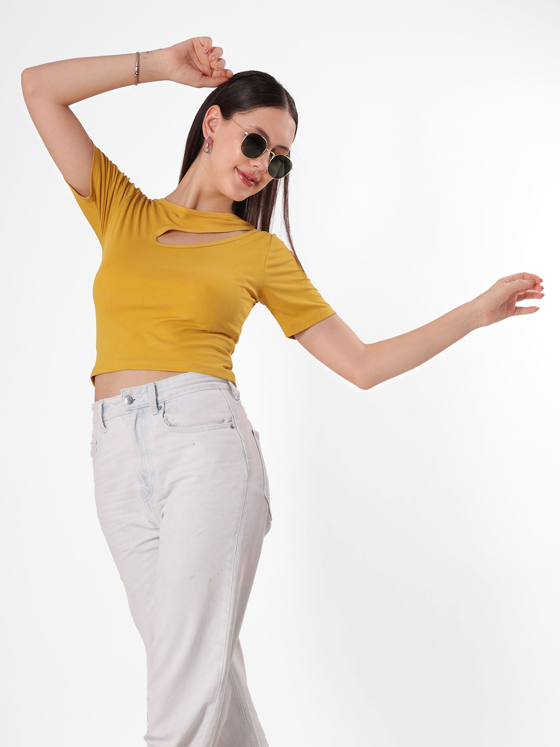 Solid Yellow keyhole Neck Crop Top