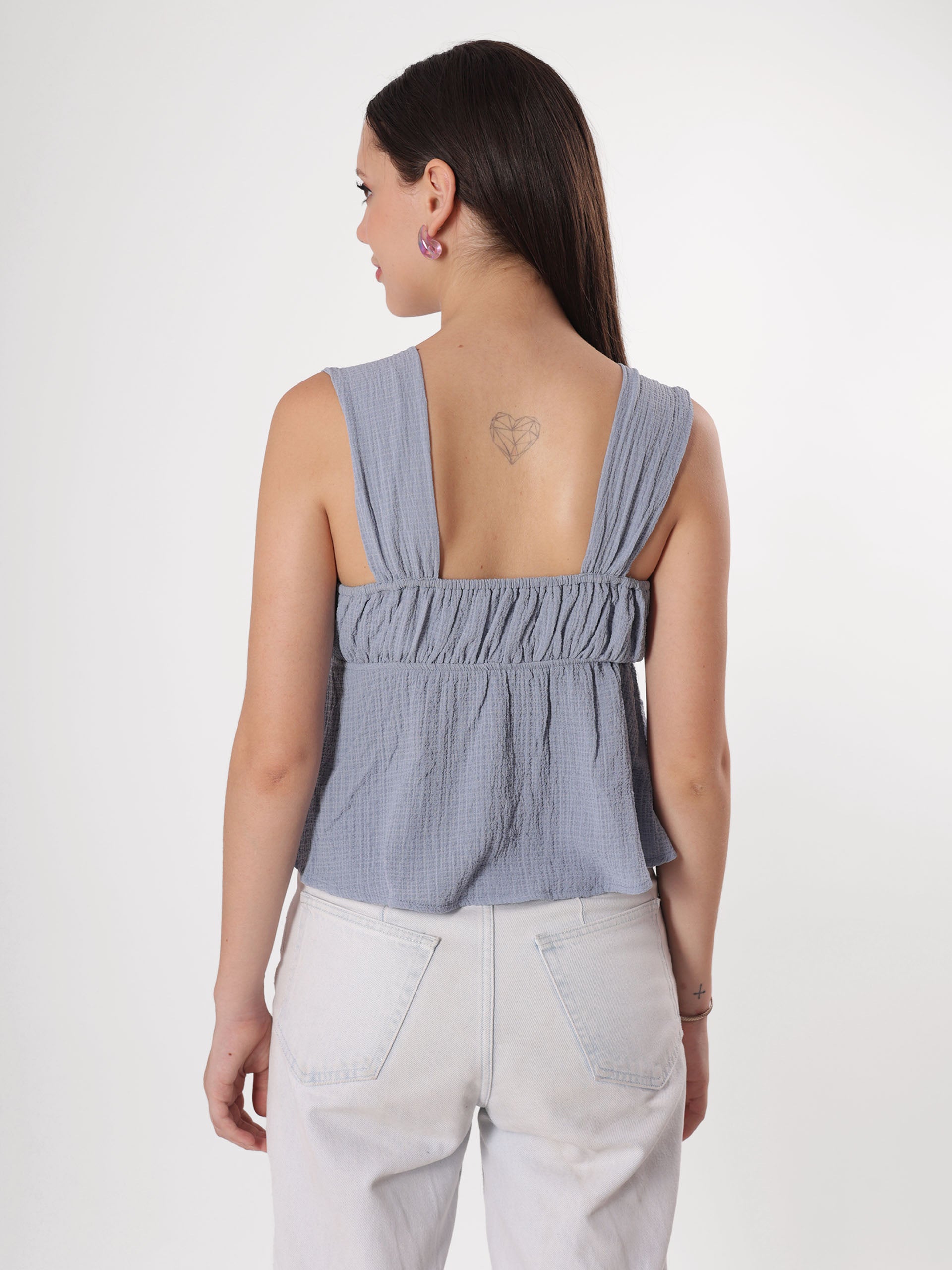 Steel Blue Sleeveless Textured Crop Top