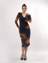 Tie & Dye Sheer Midi Dress With V Neck & Full Sleeve