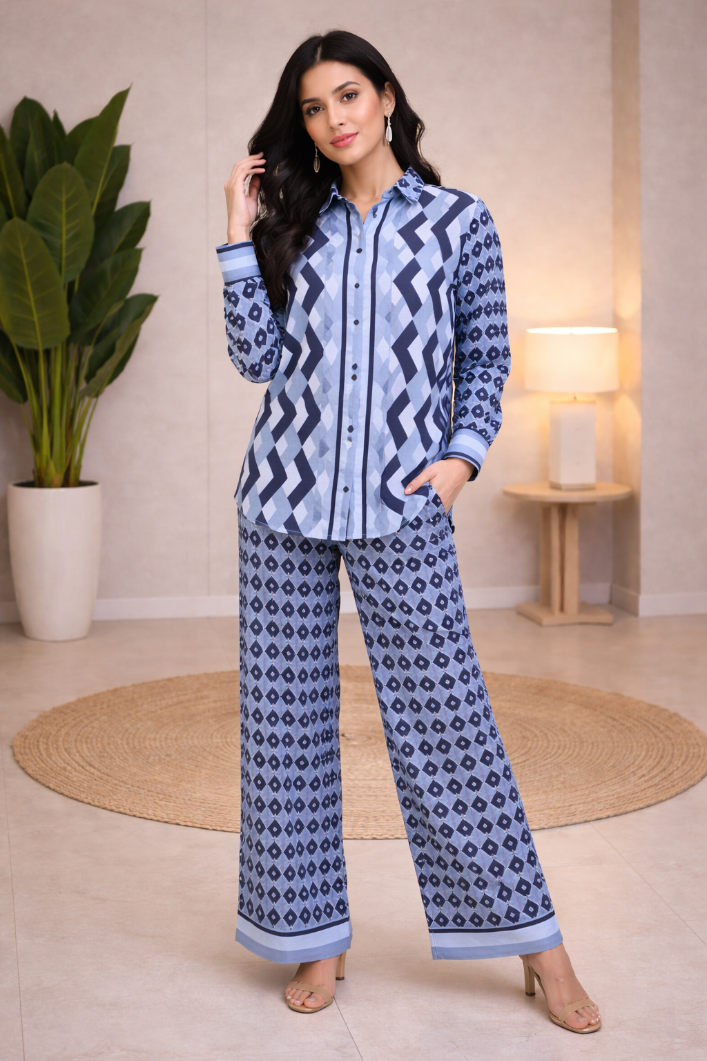 Clobug Women Printed Full Sleeve Crepe Shirt & Pant Co-ord Set