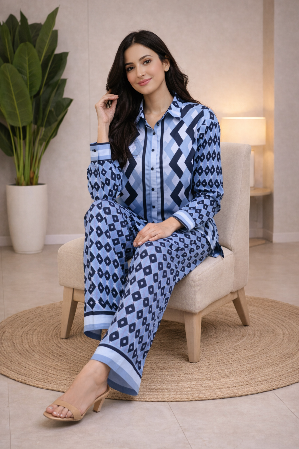 Clobug Women Printed Full Sleeve Crepe Shirt & Pant Co-ord Set