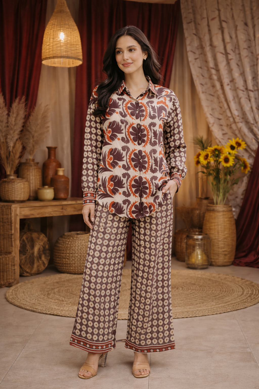 Clobug Women Printed Full Sleeve Crepe Shirt & Pant Co-ord Set