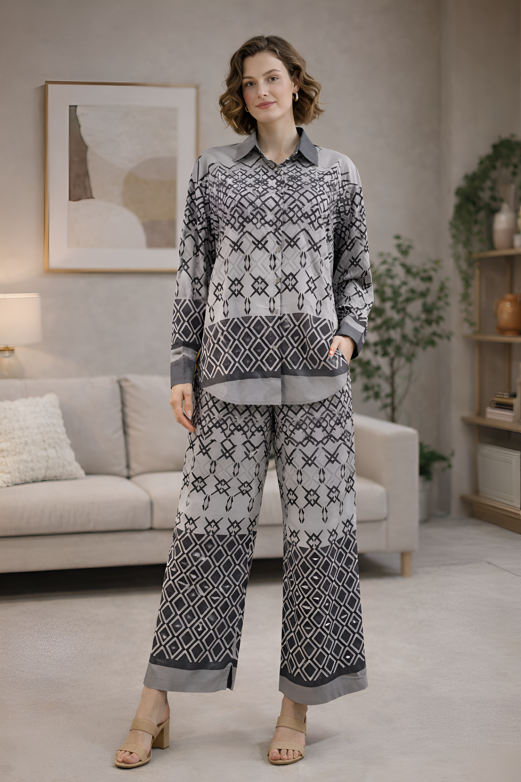 Clobug Women Printed Full Sleeve Crepe Shirt & Pant Co-ord Set