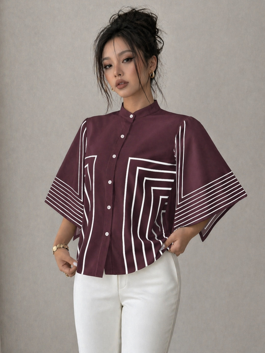 Clobug Women Striped Print Half Sleeve High Neck Regular Top