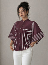 Clobug Women Striped Print Half Sleeve High Neck Regular Top