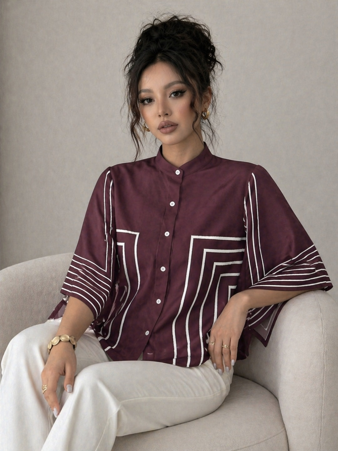 Clobug Women Striped Print Half Sleeve High Neck Regular Top