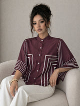 Clobug Women Striped Print Half Sleeve High Neck Regular Top
