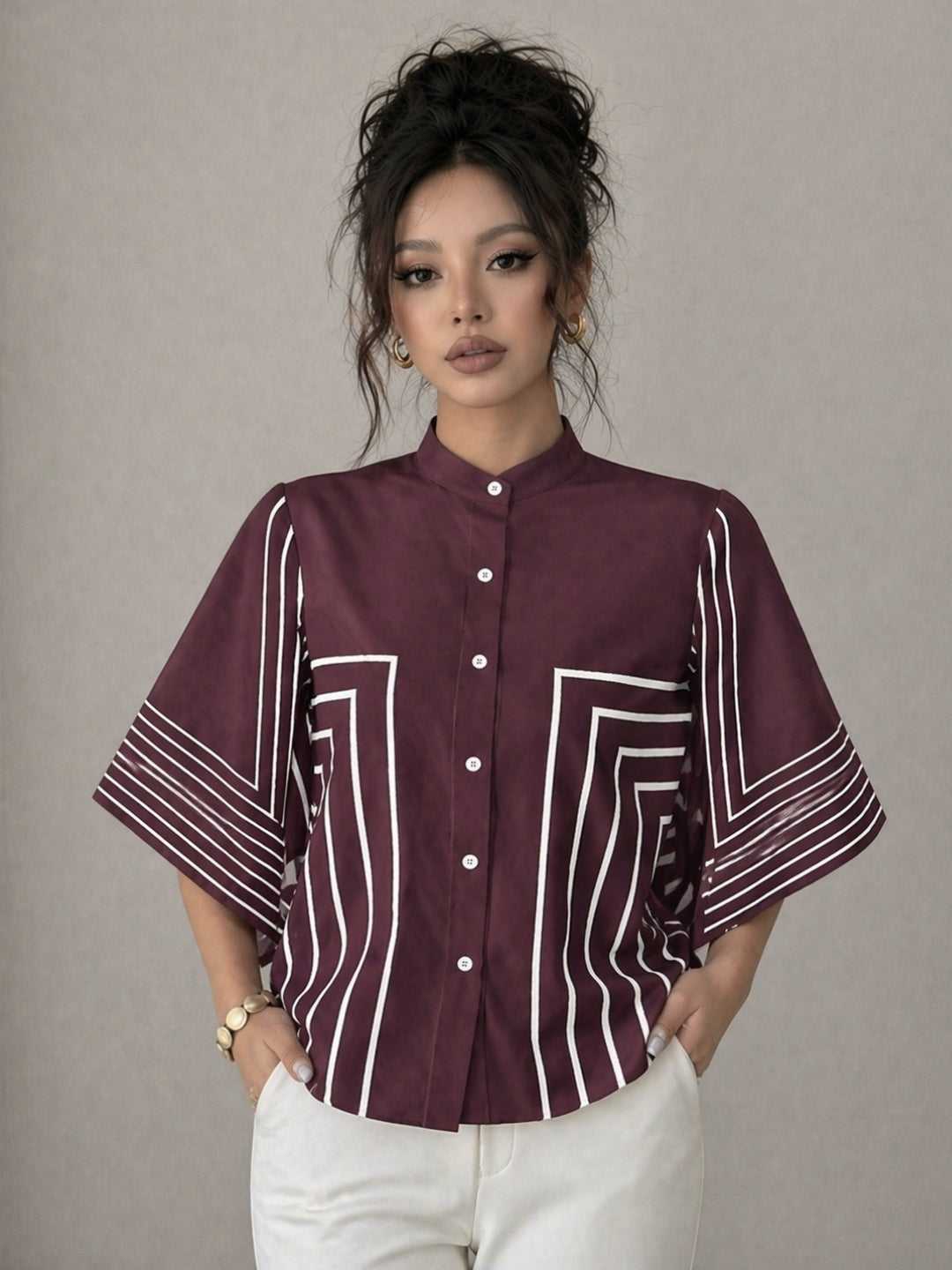 Clobug Women Striped Print Half Sleeve High Neck Regular Top