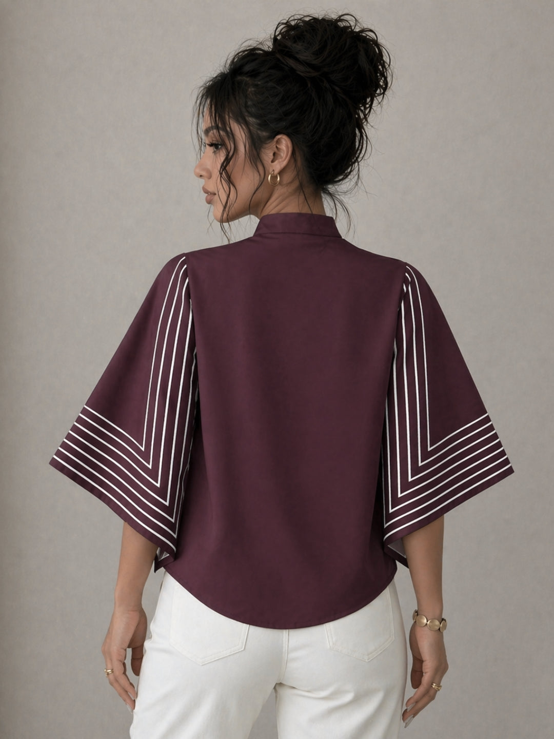 Clobug Women Striped Print Half Sleeve High Neck Regular Top