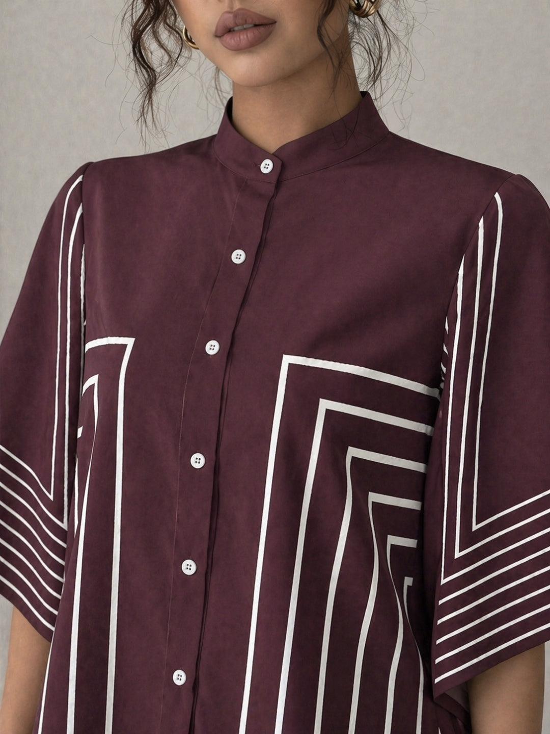 Clobug Women Striped Print Half Sleeve High Neck Regular Top