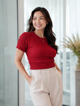 Clobug Women Textured Rib Knit Fitted Red Crop Top