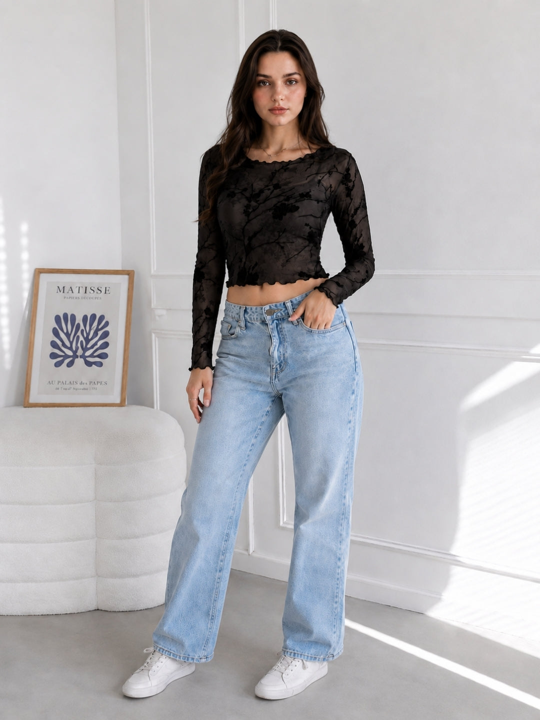 Clobug Women Round Neck Print Sheer Top
