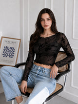 Clobug Women Round Neck Print Sheer Top