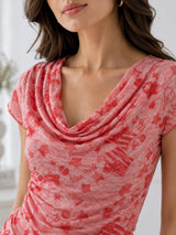 Women's Printed Short Sleeve Cotton Blend Cowl Neck Top