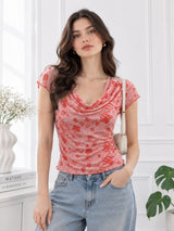 Women's Printed Short Sleeve Cotton Blend Cowl Neck Top