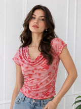 Women's Printed Short Sleeve Cotton Blend Cowl Neck Top