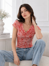Women's Printed Short Sleeve Cotton Blend Cowl Neck Top