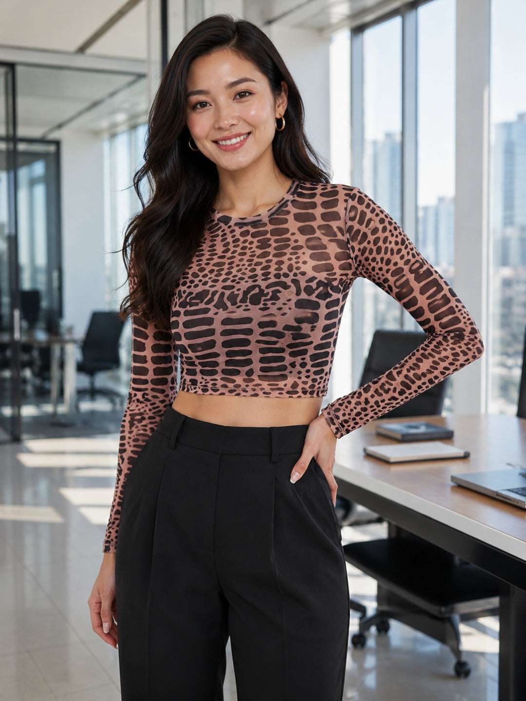 Clobug Women’s Animal Print Full Sleeve Crop Top