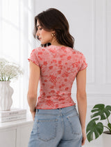 Women's Printed Short Sleeve Cotton Blend Cowl Neck Top