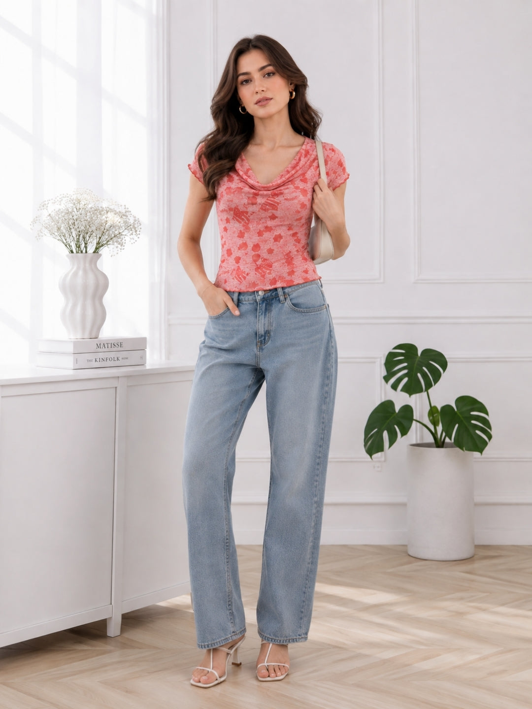 Women's Printed Short Sleeve Cotton Blend Cowl Neck Top