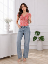 Women's Printed Short Sleeve Cotton Blend Cowl Neck Top