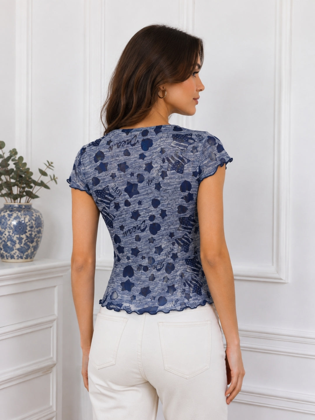 Women's Printed Short Sleeve Cotton Blend Cowl Neck Top