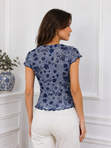 Women's Printed Short Sleeve Cotton Blend Cowl Neck Top