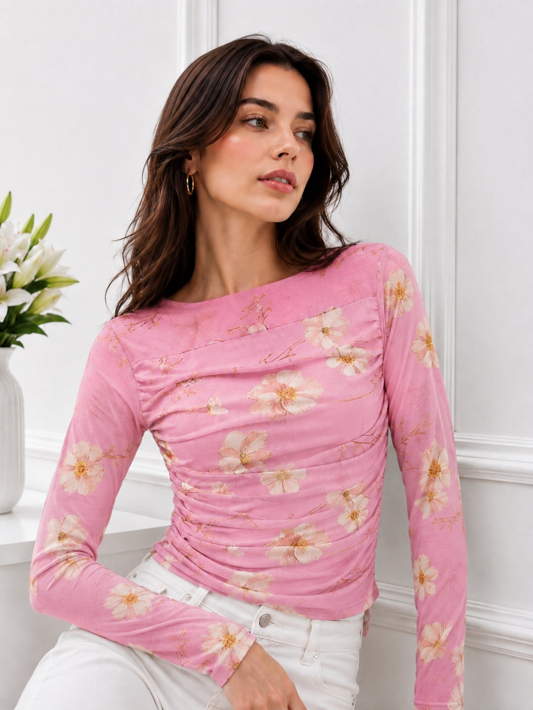 Clobug Women Floral Print Net Top