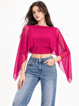 Clobug Women Boat Neck Sheer Cape Sleeve Crop Top