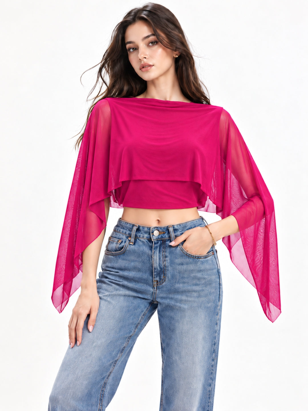 Clobug Women Boat Neck Sheer Cape Sleeve Crop Top