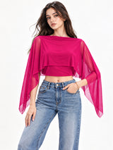 Clobug Women Boat Neck Sheer Cape Sleeve Crop Top