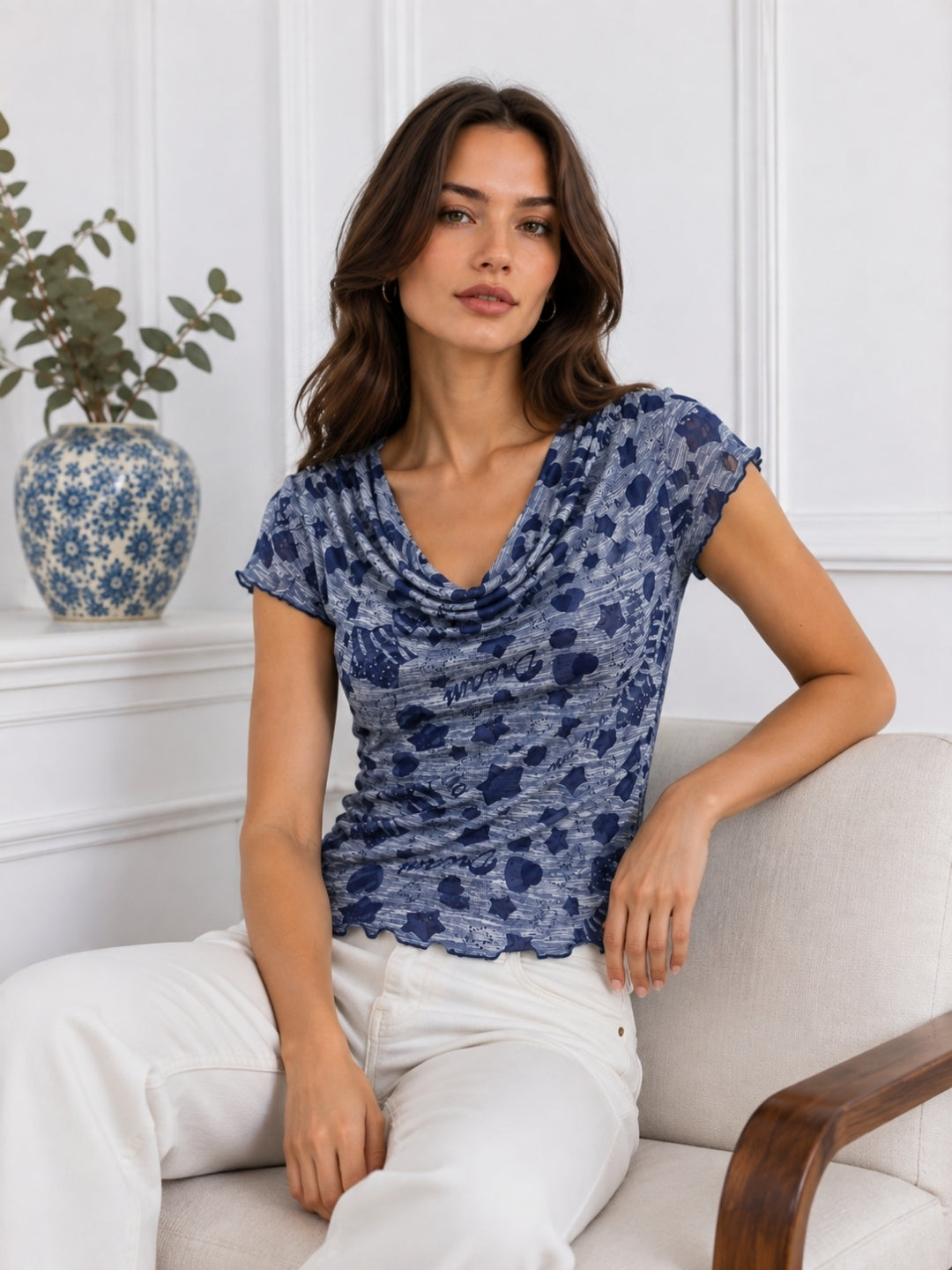 Women's Printed Short Sleeve Cotton Blend Cowl Neck Top