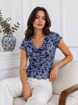Women's Printed Short Sleeve Cotton Blend Cowl Neck Top