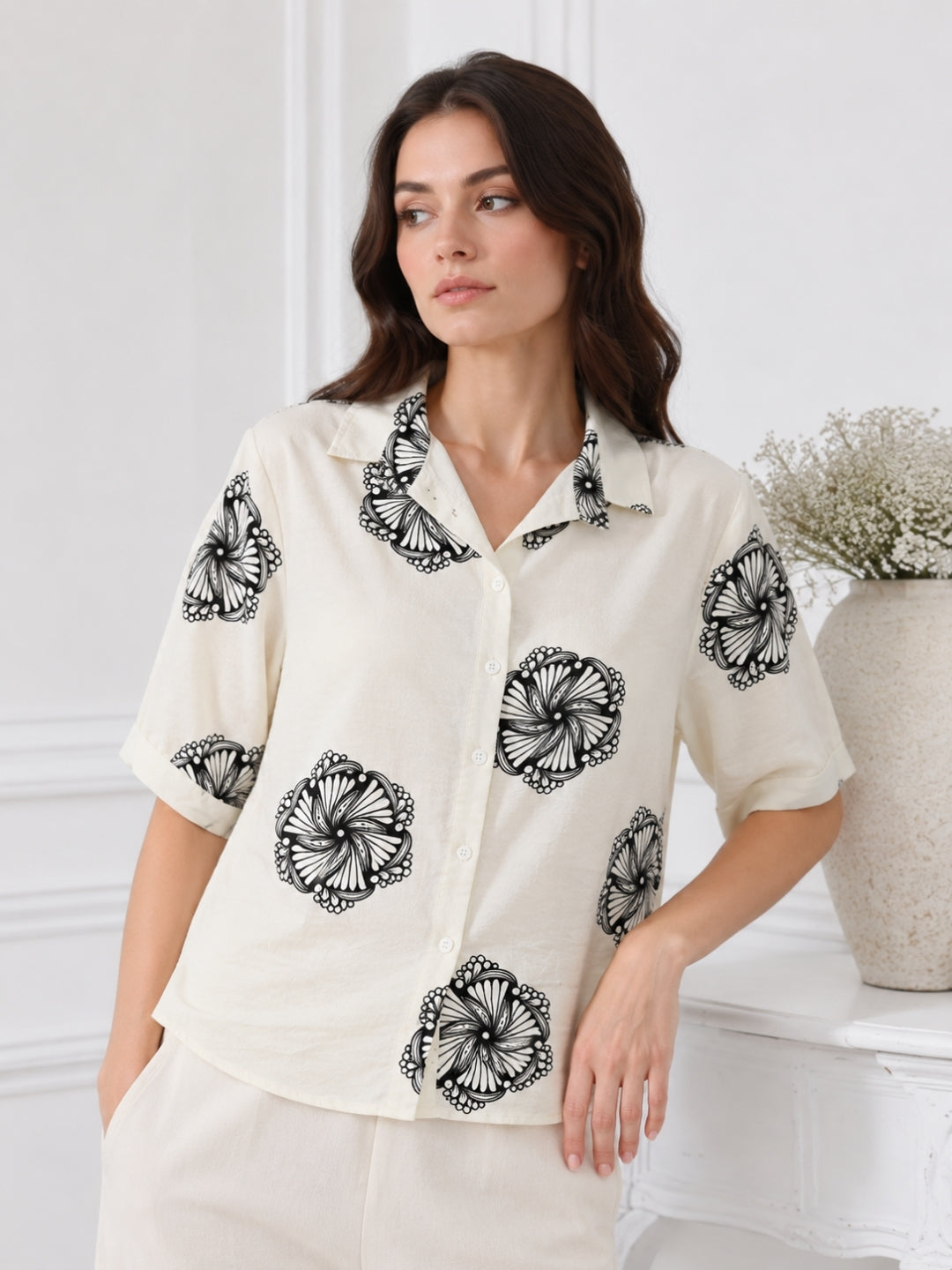 Women's White Printed Half Sleeve Shirt