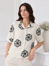 Women's White Printed Half Sleeve Shirt
