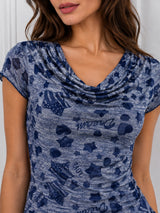 Women's Printed Short Sleeve Cotton Blend Cowl Neck Top