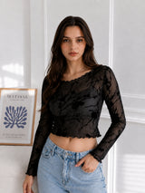 Clobug Women Round Neck Print Sheer Top