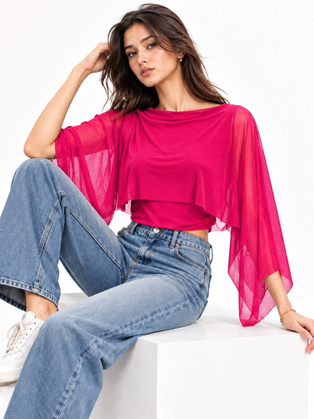 Clobug Women Boat Neck Sheer Cape Sleeve Crop Top