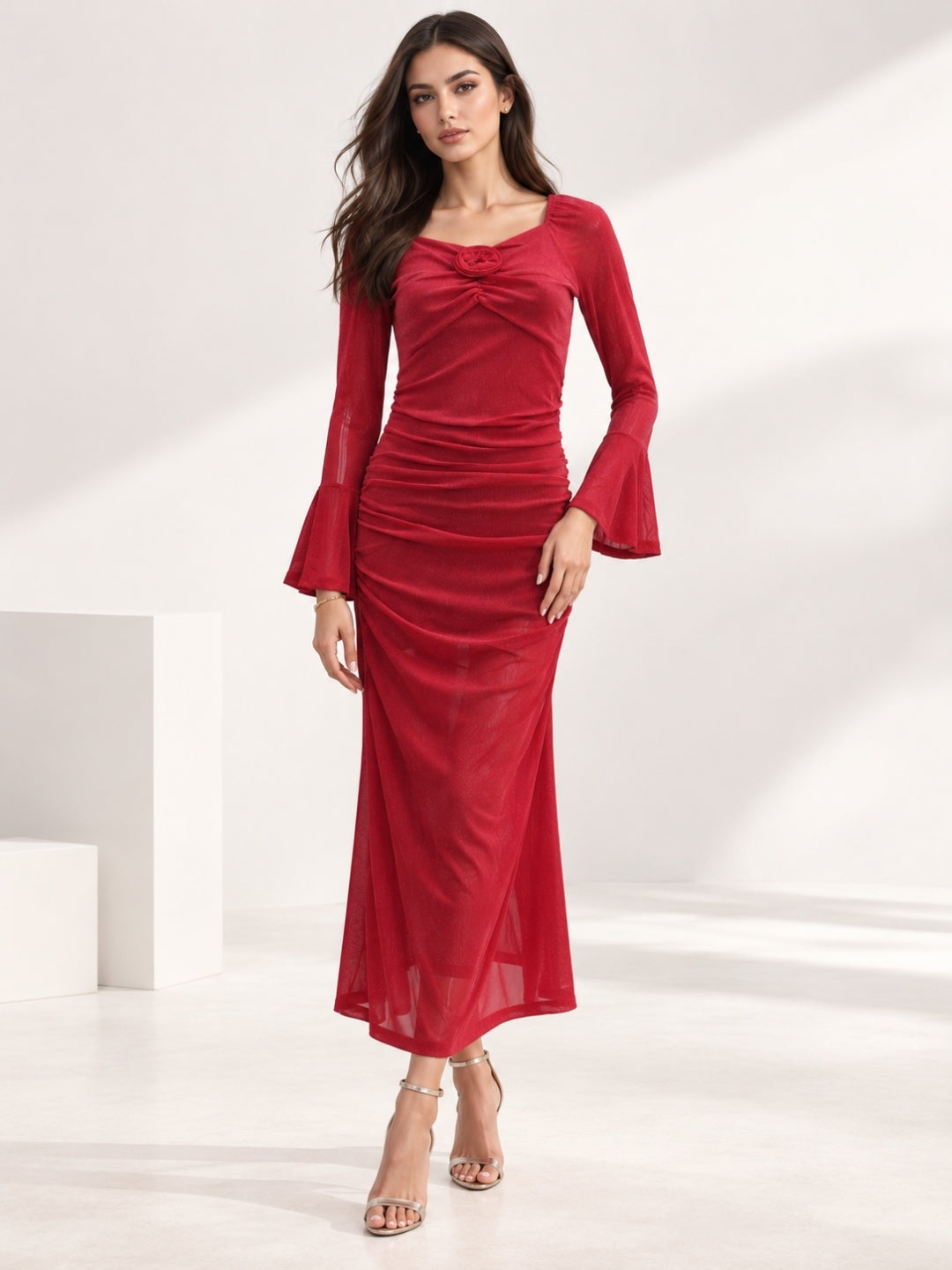 Clobug Women's Shimmer Red Strappy Maxi Dress