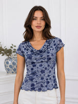 Women's Printed Short Sleeve Cotton Blend Cowl Neck Top