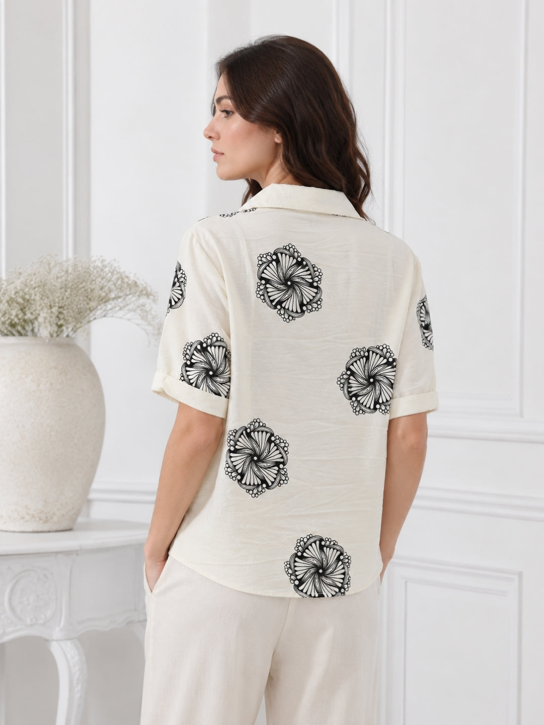 Women's White Printed Half Sleeve Shirt