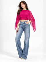 Clobug Women Boat Neck Sheer Cape Sleeve Crop Top