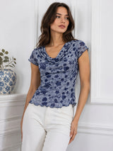 Women's Printed Short Sleeve Cotton Blend Cowl Neck Top