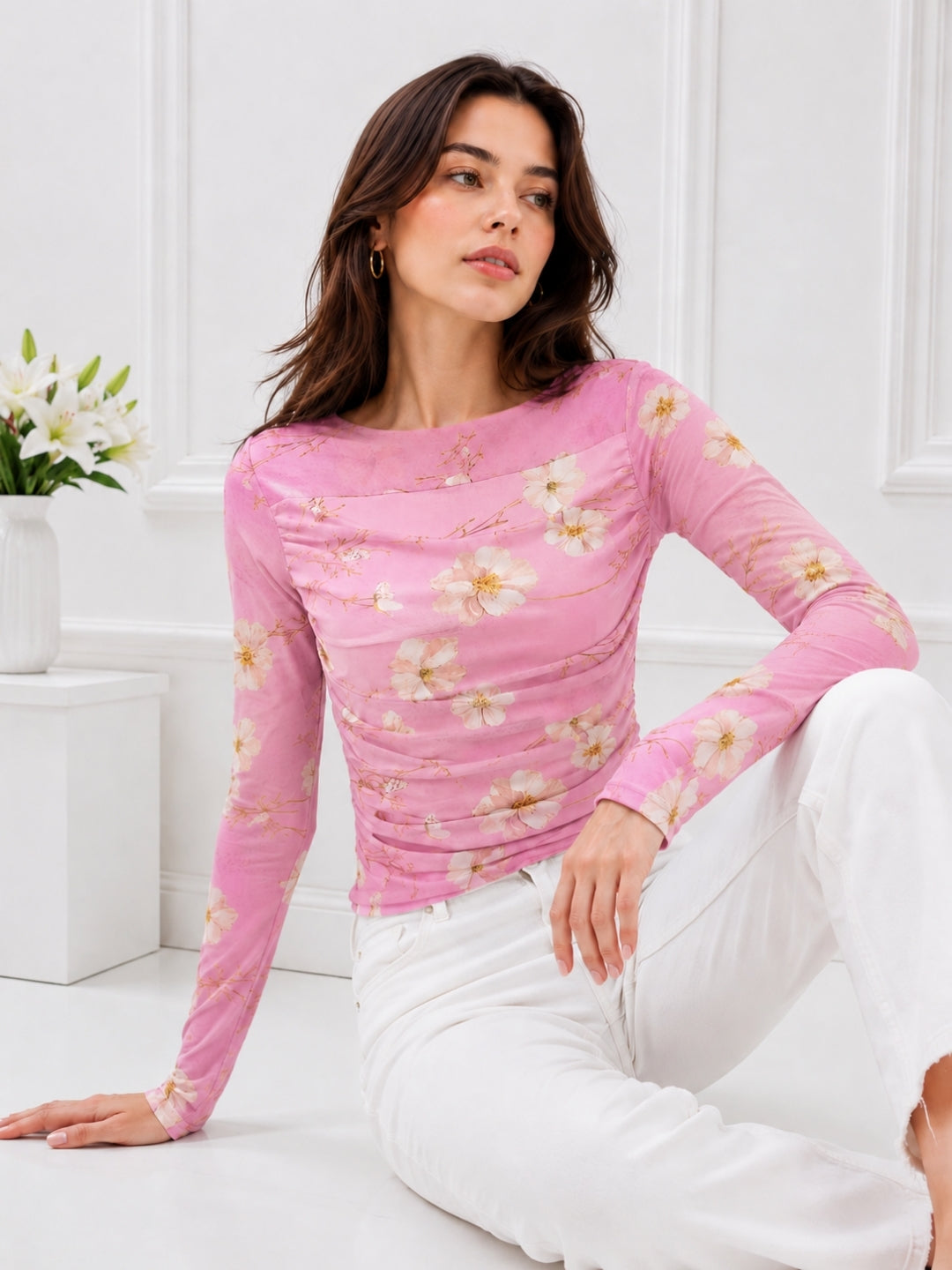 Clobug Women Floral Print Net Top
